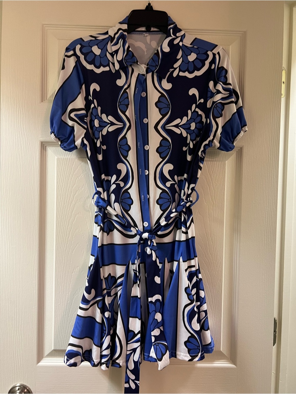 Blue and White Printed Mini Shirt Dress with Tie Waist